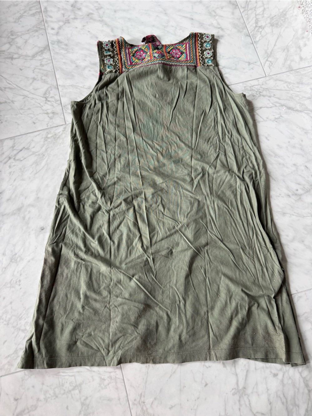 Johnny Was Olive Green Embroidered Mini Dress with Pink & Yellow Accents - Picture 5 of 8